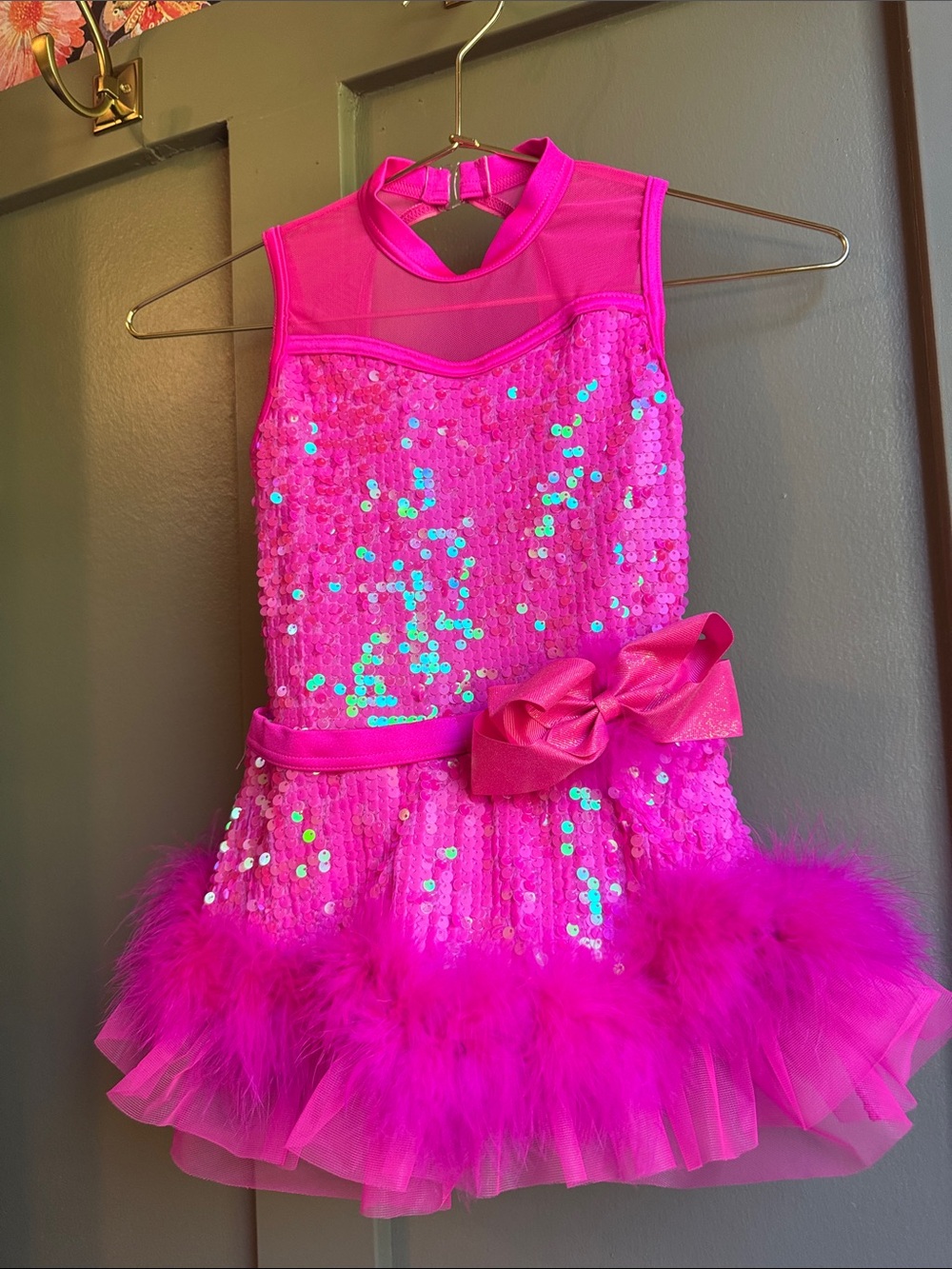 Weissman Hot Pink Sequin Tulle Dance Dress with Feather Trim